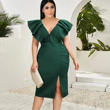Aliexpress - Plus Size Dresses for Women 4XL Dark Green V Neck Midi Length Side Slit Bodycon Office Lady Birthday Evening Party Robes 2021
