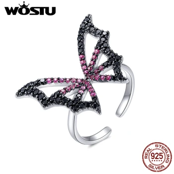 

WOSTU Genuine 925 Sterling Silver Butterfly Elf Rings Adjustable Wedding Butterflies Ring Black & Pink Zircon Jewelry BNR072