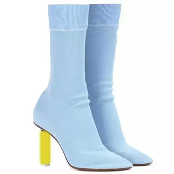 

Lighter Heel Solid Boots Women Mid-calf Stretch Sock Botas Mujer Pointed Toe Shoes Women Patchwork New Fashion Bota Feminina