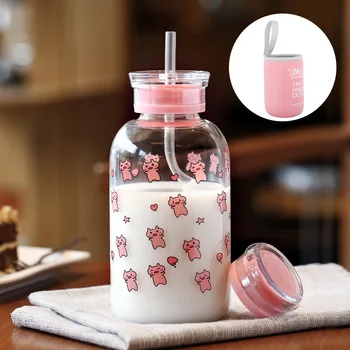 

Transparent Glass Cartoon Water Bottle Cute Straw Juice Glass Cup Portable Heat Resistant Verres Pour Boire Drinkware AD50GC
