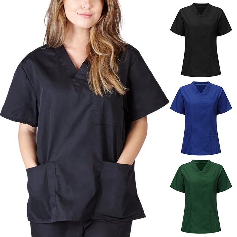 

Male Female Short Sleeve V-neck Nursing Uniform Blouse Scrubs Tops With Pocket Uni Nurse Accessories
