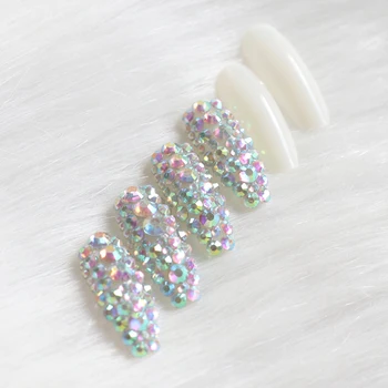 

24pcs high-end fashion handmade crystal diamond long flat false nails natural color