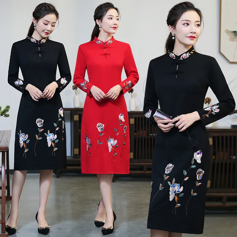 

vestidos de fiesta de noche Traditional Chinese dress female autumn ethnic mandarin collar black red embroidery dress robe