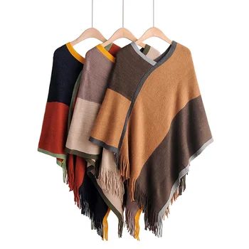 

2019 New Pullover Women Sweater Cloak Autumn Vintage Knitted Splicing Bat Sleeve With Tassel Pull Femme Coat Tops Ladies