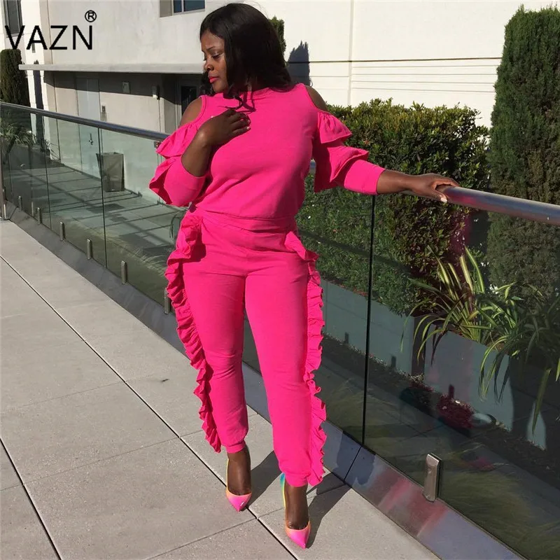 

VAZN New Elegant Design 2018 Women 2 Piece Set Casual Solid O-Neck Three Quarter Sleeve Off Shoulder Full Length Lady Set Q5047