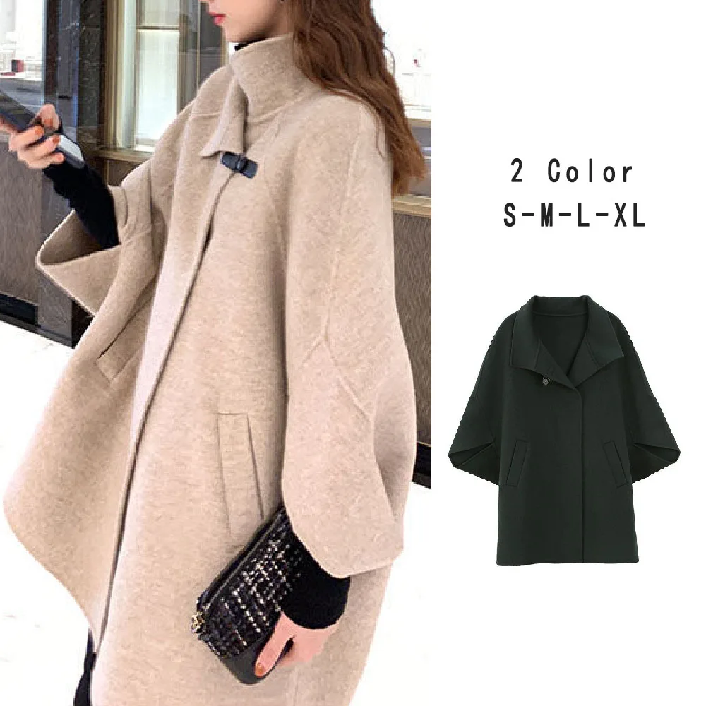 

2020 New Woolen Cape Coats Women Solid Color Loose Slim Lapel Bat Sleeve Long Autumn Winter Warm Wear Korean Female Elegent
