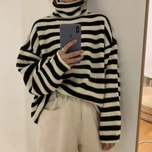 

Winter Striped Sweater Women Turtleneck Knitted Pullover Vintage Loose Jumpers Harajuku Long Sleeved Thicken Sweater Pull Femme