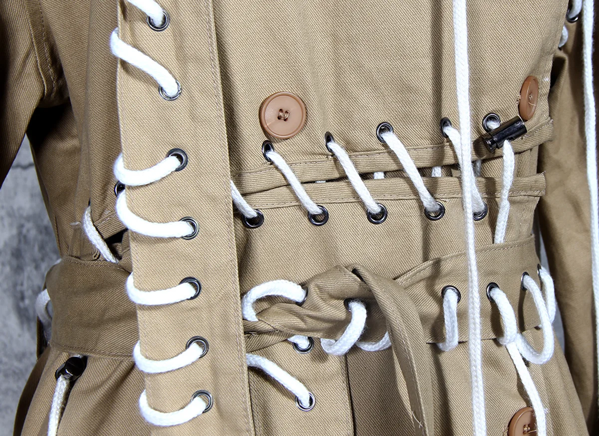 Хаки веревка ветровка 19 осень новые женские длинные выше колена Свободный Тонкий темперамент Drawstring дизайн куртка