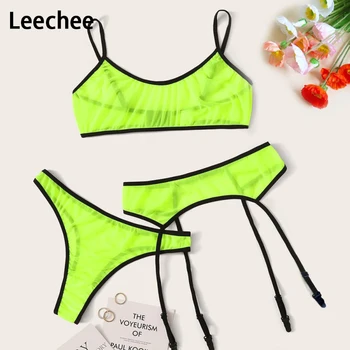

Leechee New Sexy Mesh transparent bra women Erotic Fluorescent underwear Lace Sling Bandage 3PIC lingerie set with garter thong