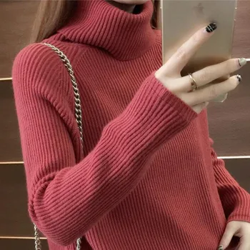 

Fall and Winter 2019 New High-collar Sweater Thick Woman Loose Short Pullover Pure-color Knitted Woman