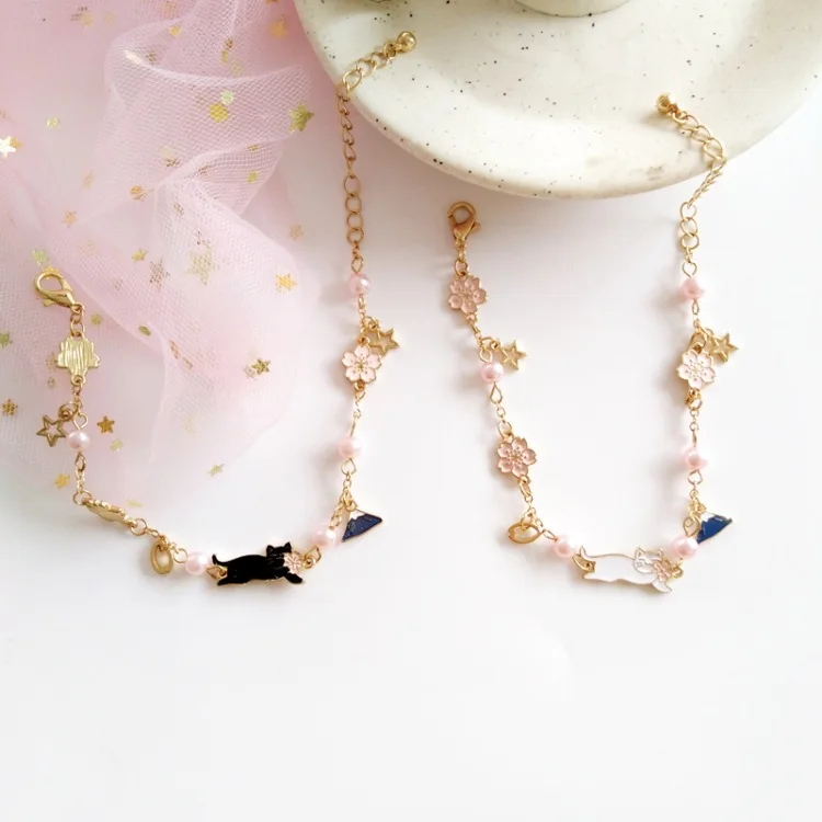 

Sweet Black Cat Sakura Simulated Pearls Bracelet Gifts for Women