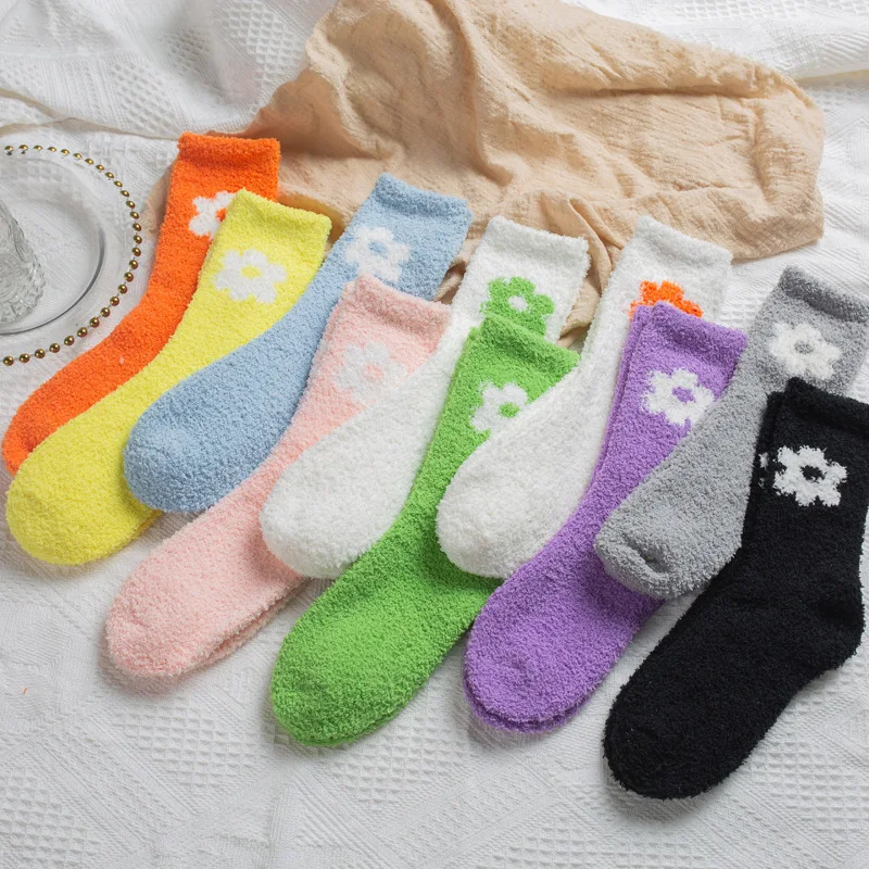 Dreamlikelin/милые корейские стильные женские коралловые бархатные толстые теплые носки с цветочным принтом