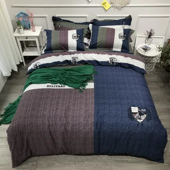

Printed Plaid Yarn Dyed Duvet Cover Bed Sheet Set 100%Cotton Breathable Soft Bedding set Queen King size 4Pcs Grey Black Color