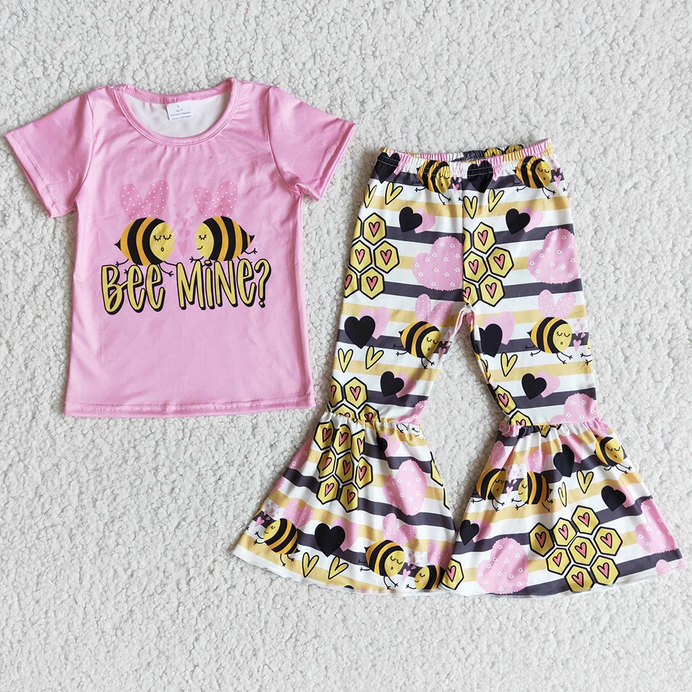 

RTS Baby Girls Clothes Spring Short Sleeve Top Bell Bottom Pants Boutique Kids Clothes Sets Wholesale Children Clothing Outfits