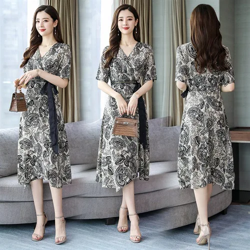 

V-neck Short-sleeve Dress Women's Summer 2019 New Style Mid-length Printed Elegant Slim Fit Slimming Lace-up A- line Skirt Fashi