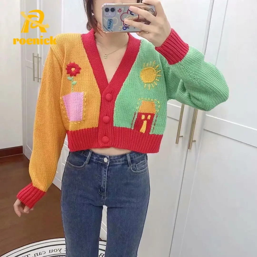 

ROENICK Women 2021 Fashion Cartoon Cardigans Sweaters Femal Vintage V-Neck Long Sleeve Kawaii Contrast Sweet Chic Knitted Tops
