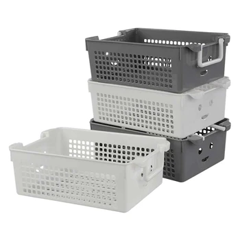 

Stackable Plastic Basket with Handles,Creative Bathroom Storage Basket,Desktop Sundry Snack Storage Box, White&Grey, 4 Packs