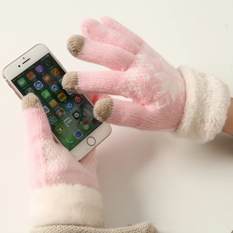 

Autumn and winter warming gloves with touch screen and cashmere snowflake pattern lady's finger gloves