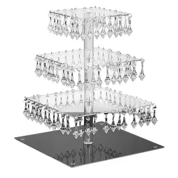 

4 Layers Cupcake Stand With Crystal Pendant Square Cake Dessert Holder For Wedding Holiday Party