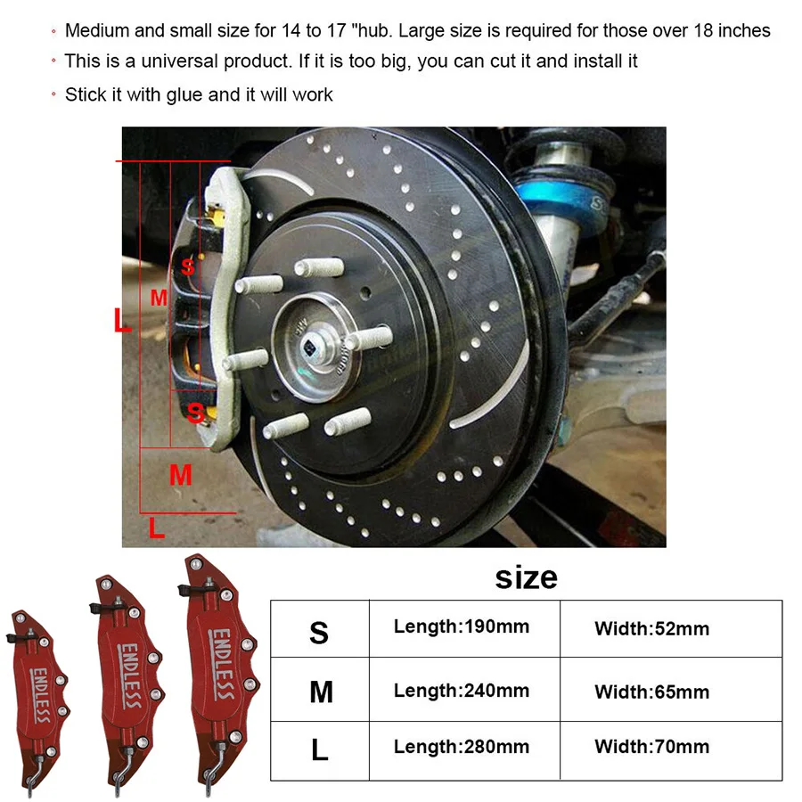 4pcs 3D Metal Endless Front+Rear Brake Caliper Covers Universal Large+Medium Red
