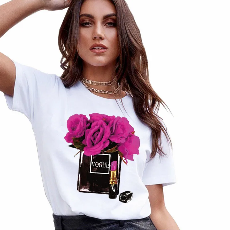 Nueva moda Perfume florero blanco T camisa las mujeres flor de verano manga corta Lady Tops camiseta de las mujeres, gráfico camiseta Mujer
