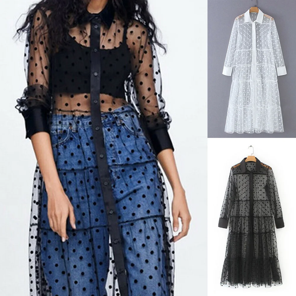 

Women Summer Sexy See Through Long Dress Dot Loose Outside Cover Up Sundress 2019 New
