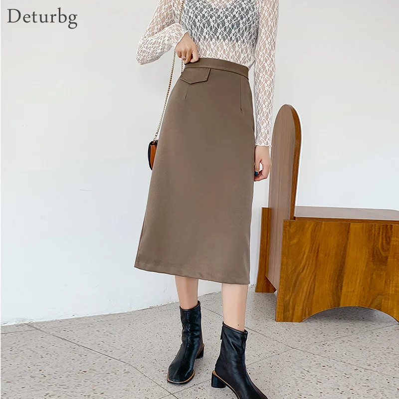 Женская модная юбка миди с накладными карманами, Женская Корейская однотонная плотная черная прямая юбка с высокой талией, зима SK486