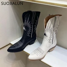 SUOJIALUN/Новые брендовые ковбойские сапоги вестерн с вышивкой; женские сапоги до колена на среднем квадратном каблуке высокого качества; женская обувь