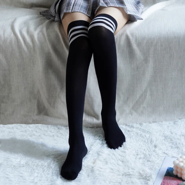 Women Sexy Knee High Socks Mesh Stockings Fashion Fishnet Cute College Style JK Girls Lolita Student Black Gothic Long Sock New stocking stripe B