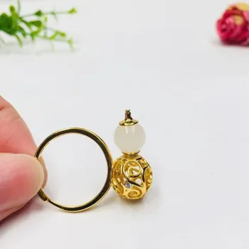 

Real 925 Sterling Silver Gourd Inlay White Jade Beads Gold Color Rings For Women Elegant Beautiful Flower Rings Natural Stone