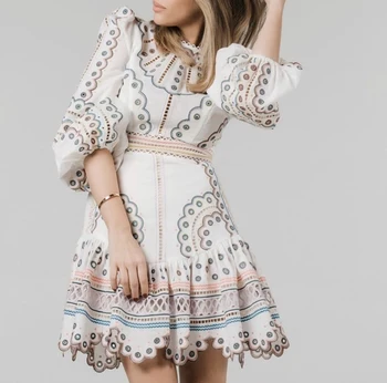 

high quality vintage colorful floral embroidery hollow out Dresses Women Spring Summer o-neck Lantern Sleeve mini Dress S203