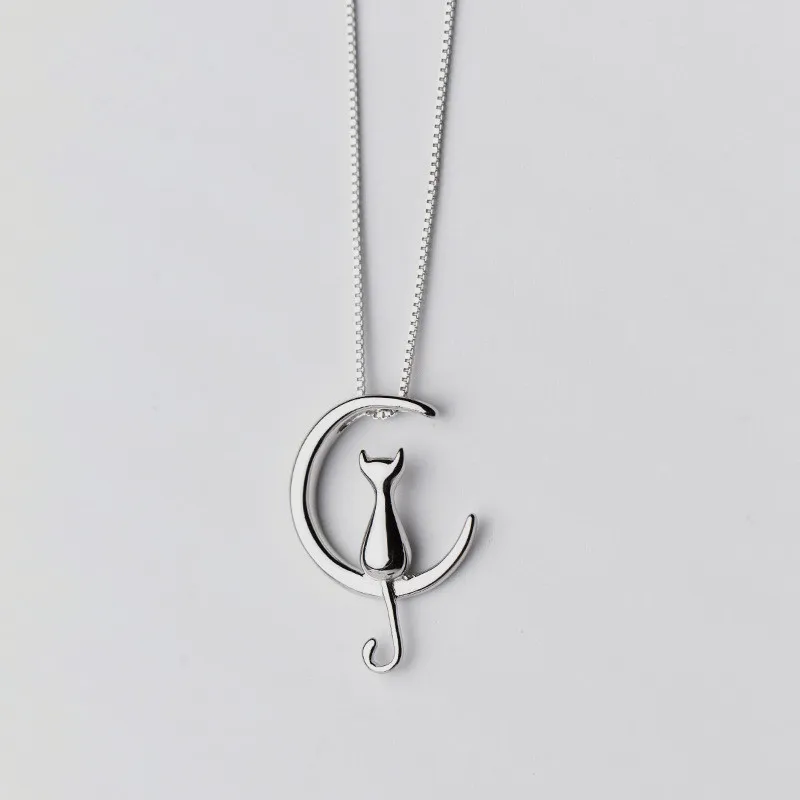 925 Sterling Silver 925 пробы Серебряное ожерелье с подвеской в виде кошки на Луне, простая Милая женская цепочка на ключицу, ювелирные украшения, аксессуары - Цвет камня: 925 Sterling Silver