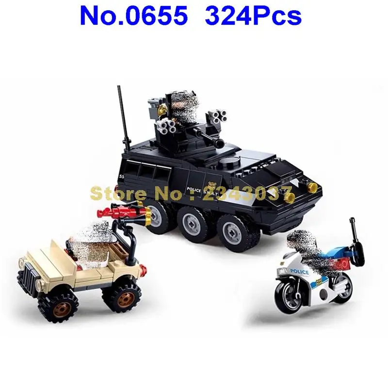

sluban 0655 324pcs ww2 military swat armoured vehicle army truck motorcycle building blocks Toy