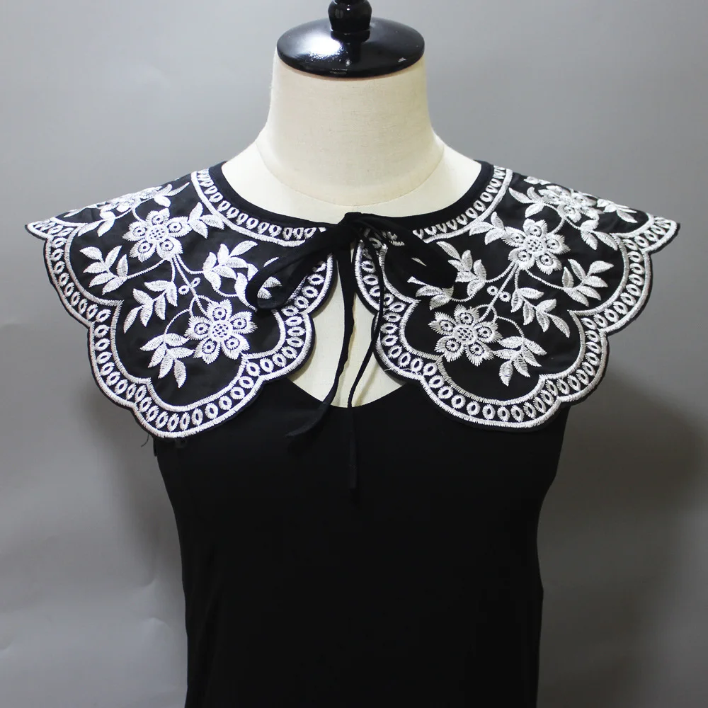 

Women Black Floral Embroidered Fake Collar Shawl Dress Shirt Shoulder Wrap False Collar Detachable Collars Decrative