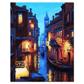 

Paint By Numbers Kits for Adult, DIY Canvas Painting for Adults Beginner-Lakeside Castle Night View