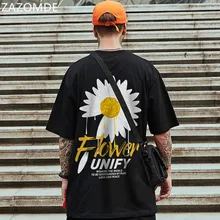 

ZAZOMDE 2022 Daisy Print T-Shirts Casual Men Loose Pure Cotton Tshirt Harajuku Short Sleeve Graphic Oversized Summer Clothing