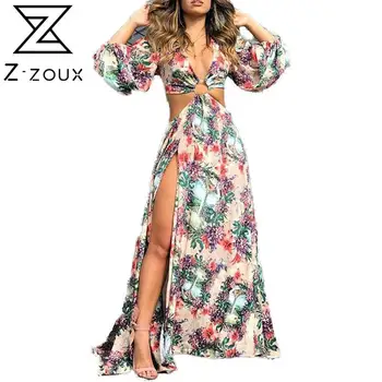 

Z-ZOUX Women Dress Deep V Neck Long Sleeve Hollow Out Bohemia Dress Sexy Long Print Floral Maxi Dresses Split Sexy Dresses 2020