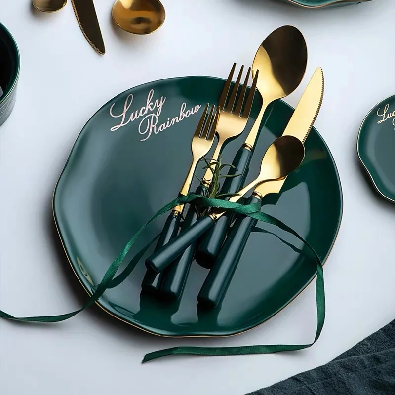 

Tableware Set Stainless Steel Knife Spoon Fork With Green Ceramic Handle Dinner Set 8/10 Inch Green Ceramic Steak Dessert Plate