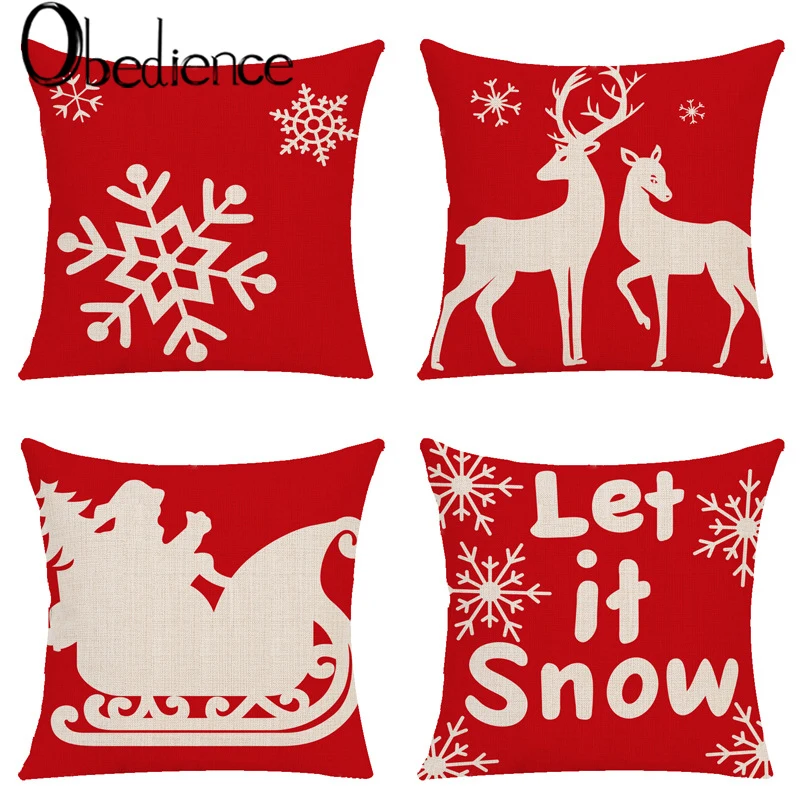 

Obedience Christmas Elk Santa Claus Snow Fine Printed Linen Pillow Cover Christmas Household Supplies