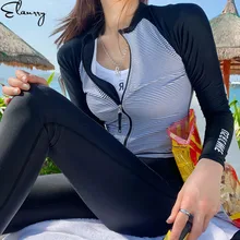 Женская летняя пляжная одежда с длинными рукавами, 3 предмета, костюмы для серфинга, длинные штаны в полоску на молнии, рашгарды, женские купальные костюмы, maillot