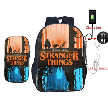 

2 Pcs/set Stranger Things Season 3 Backpack with Pencil Case USB Charge School Bag for Teenage Boys Girls Travel Shoulder Bags