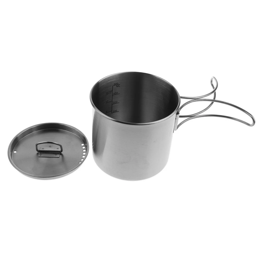 500ml Durable Health Stainless Steel Outdoor Camping Cup Pot Bowl Travel Cup with Folding Handle