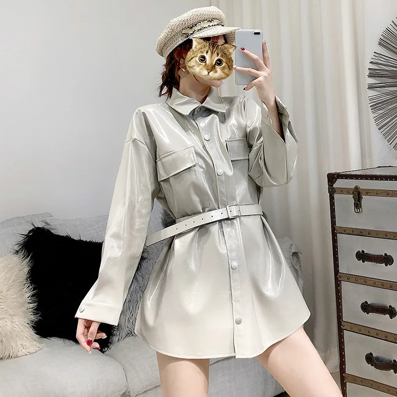 Neploe пальто из искусственной кожи женские модные тонкие Куртки из искусственной кожи осенние элегантные пальто с поясом и карманами на пуговицах верхняя одежда 56036
