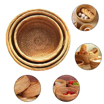 

3PCS/Set Handmade Rattan Storage Basket Round Natural Rattan Fruit Bowl Simple Wicker Storage Bread Basket Kitchen Food Tray
