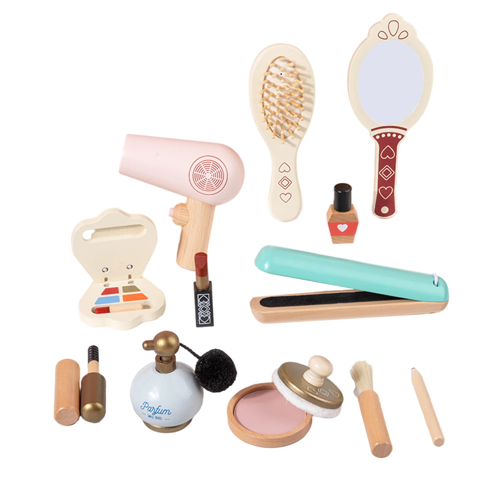 12Pcs/Set Wooden Kids Makeup Kit Role Play Hair Comb Brush Mirror Mascara Gifts Toy Makeup Set with Cosmetic Bag Girls Dressing