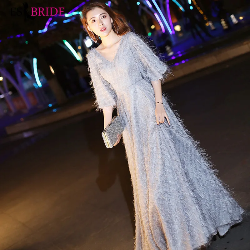 

Grey Long Evening Dresses ES30107 Elegant V-neck Short Ruffles Sleeves Lace Formal Evening Party Gowns Vestido De Fiesta ES30107