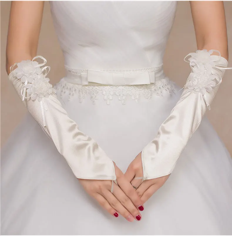 

Cheap Free Size White Fingerless Bridal Wedding Gloves with Flowers Satin Wedding Accessories