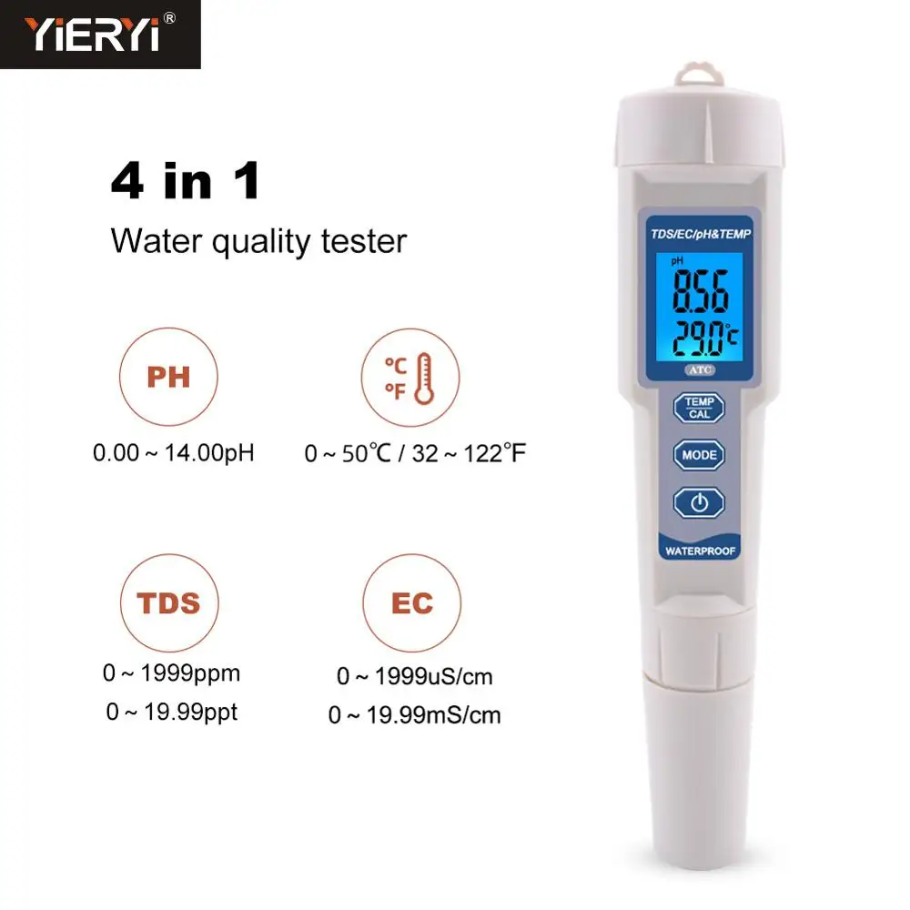 Yieryi 4 в 1 TDS PH метр/TDS/EC/измеритель температуры с ATC цифровым монитором качества воды