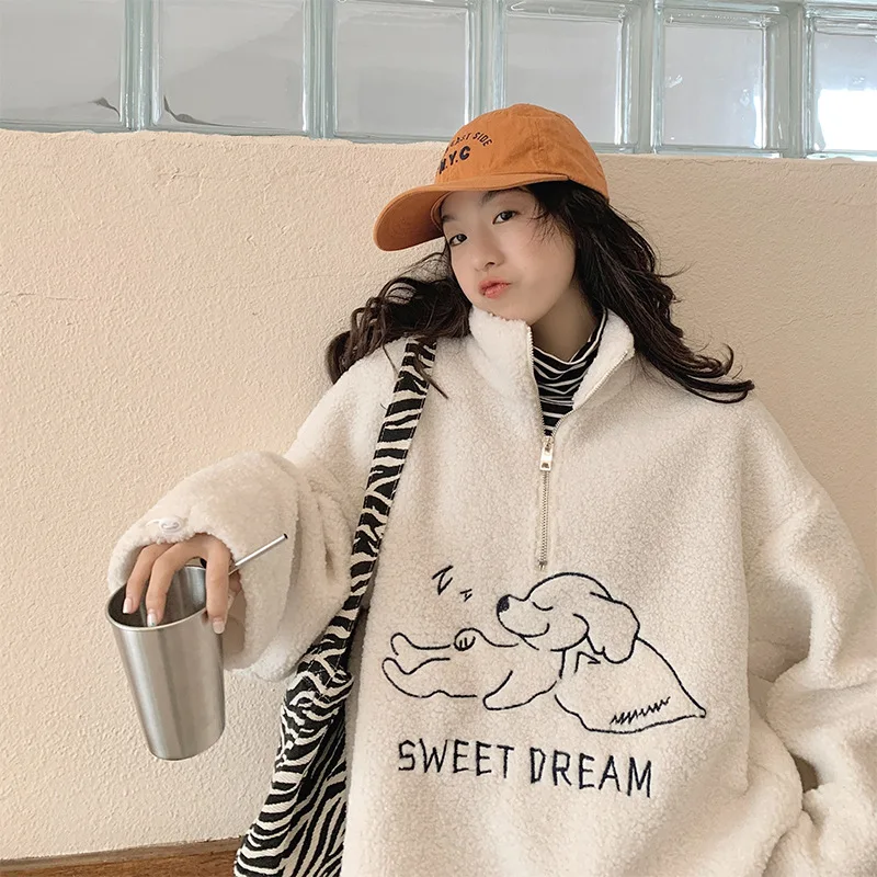 

New Cashmere Thickened Sweatshirt Women's Autumn And Winter Loose Tide Harajuku Style Lamb Hair High Collar Sweatshirt Em*