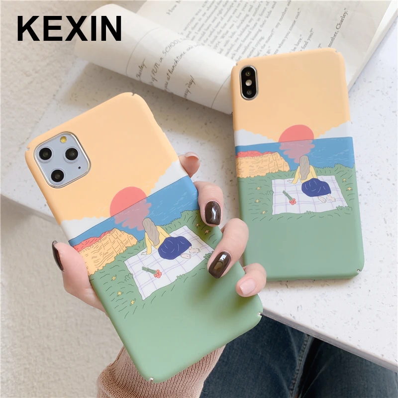 

KEXIN Abstract Sunrise Phone Cases For iPhone 11 Pro XS MAX XR X 7 8 6s Plus Case Cute Art Girl Sea Hard PC Matte Back Covers